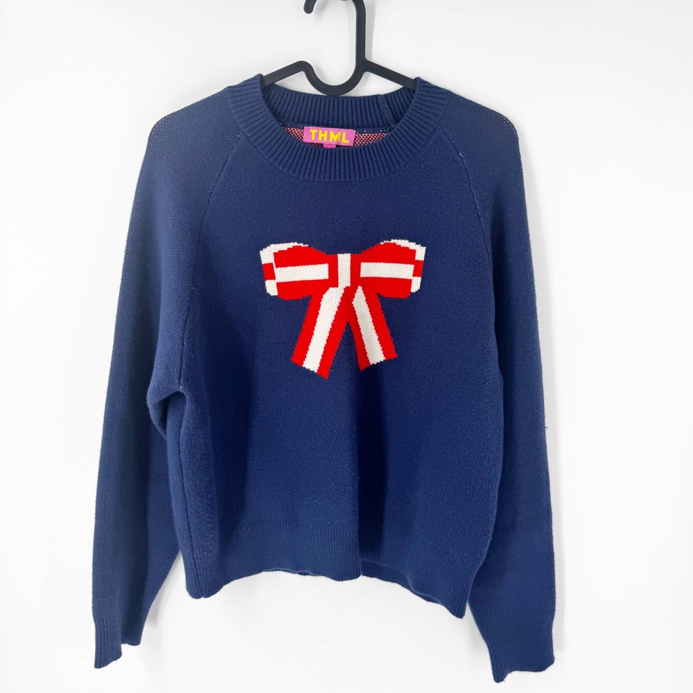 THML Blue Intarsia Bow‎ Graphic Pullover Sweater WK0375-N Womens Small